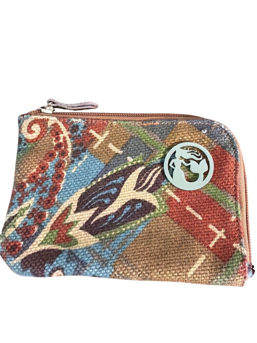 Spartina 449 Linen Leather Zipper Around Pouch Coin Purse Mermaid 6" x 4"